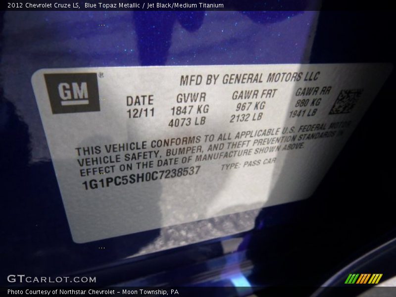 Blue Topaz Metallic / Jet Black/Medium Titanium 2012 Chevrolet Cruze LS