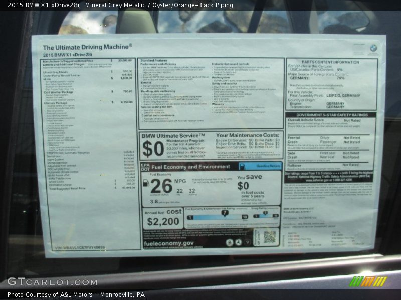 Mineral Grey Metallic / Oyster/Orange-Black Piping 2015 BMW X1 xDrive28i