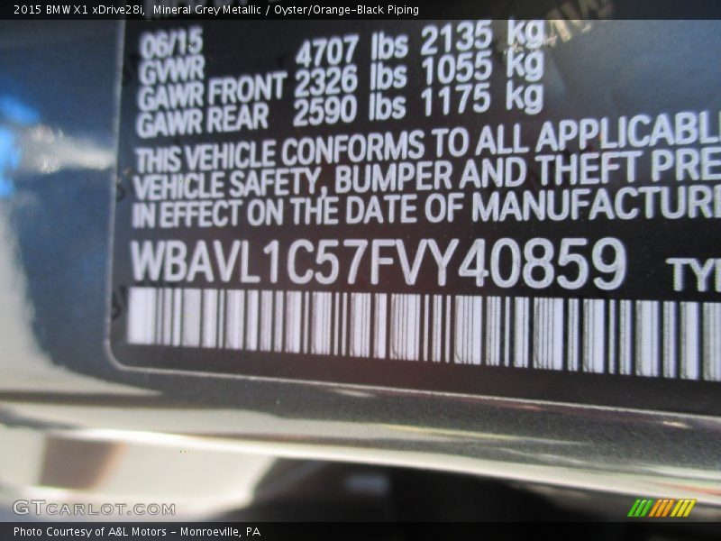 Mineral Grey Metallic / Oyster/Orange-Black Piping 2015 BMW X1 xDrive28i