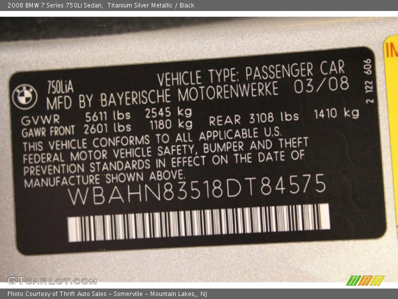 Titanium Silver Metallic / Black 2008 BMW 7 Series 750Li Sedan