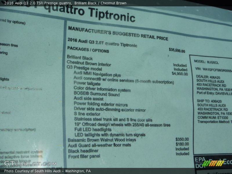  2016 Q3 2.0 TSFI Prestige quattro Window Sticker