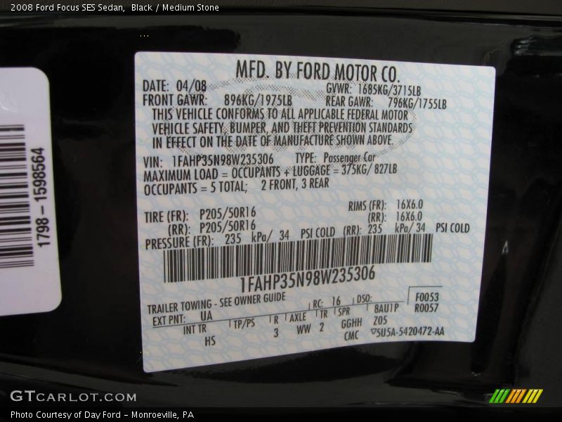 Black / Medium Stone 2008 Ford Focus SES Sedan