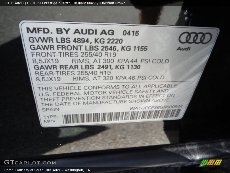 Brilliant Black / Chestnut Brown 2016 Audi Q3 2.0 TSFI Prestige quattro