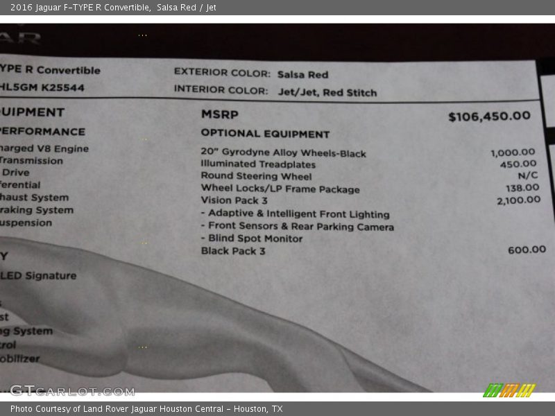  2016 F-TYPE R Convertible Window Sticker