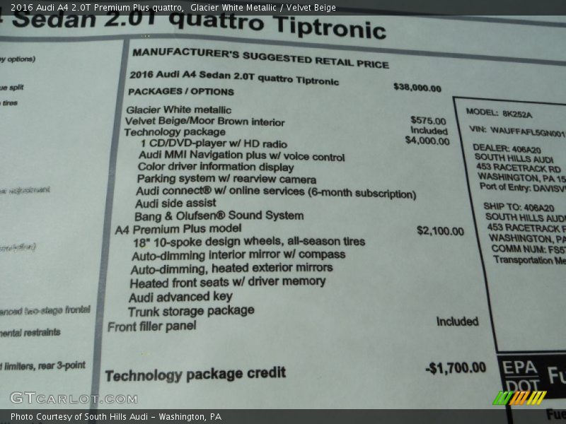  2016 A4 2.0T Premium Plus quattro Window Sticker