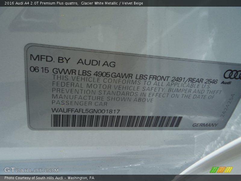 Glacier White Metallic / Velvet Beige 2016 Audi A4 2.0T Premium Plus quattro