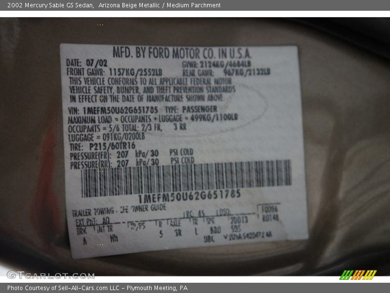 Arizona Beige Metallic / Medium Parchment 2002 Mercury Sable GS Sedan