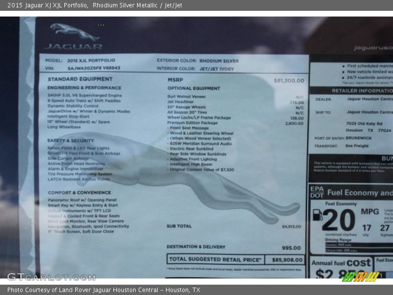  2015 XJ XJL Portfolio Window Sticker