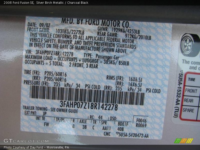 Silver Birch Metallic / Charcoal Black 2008 Ford Fusion SE