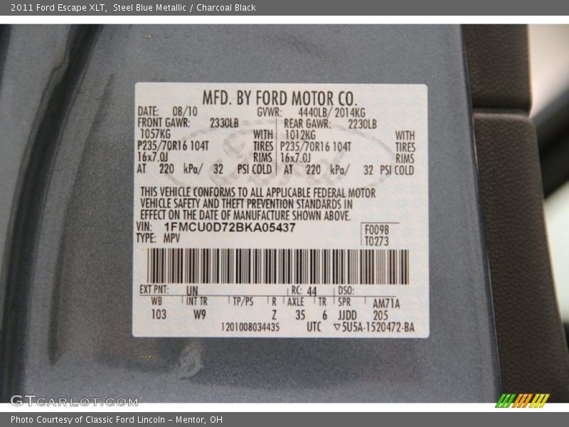 Steel Blue Metallic / Charcoal Black 2011 Ford Escape XLT