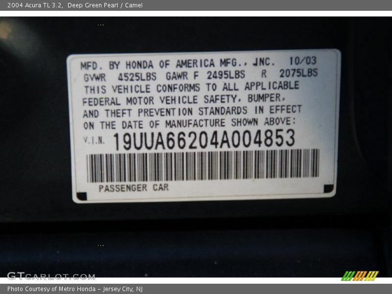 Deep Green Pearl / Camel 2004 Acura TL 3.2