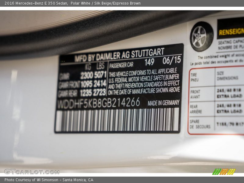 Polar White / Silk Beige/Espresso Brown 2016 Mercedes-Benz E 350 Sedan