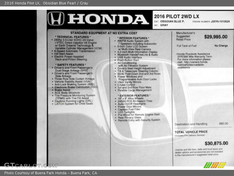 Obsidian Blue Pearl / Gray 2016 Honda Pilot LX