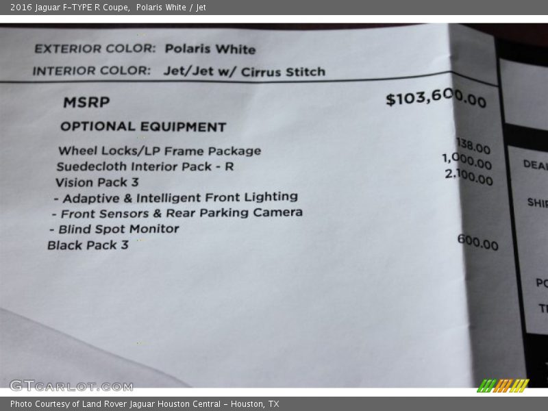  2016 F-TYPE R Coupe Window Sticker