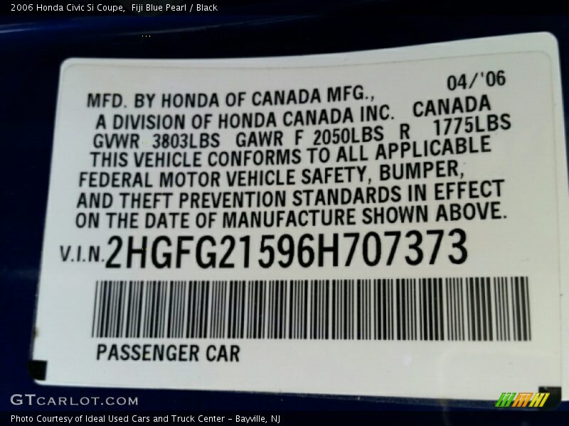 Fiji Blue Pearl / Black 2006 Honda Civic Si Coupe