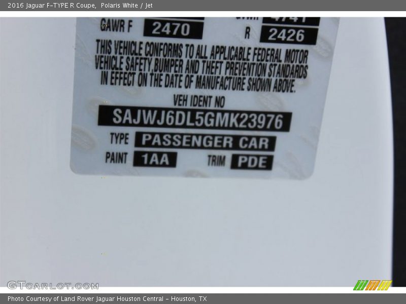 2016 F-TYPE R Coupe Polaris White Color Code 1AA