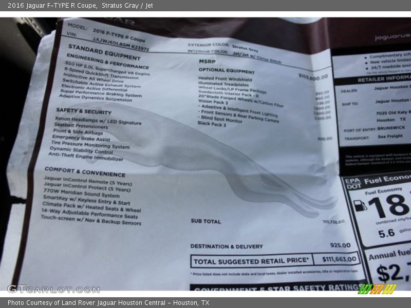  2016 F-TYPE R Coupe Window Sticker