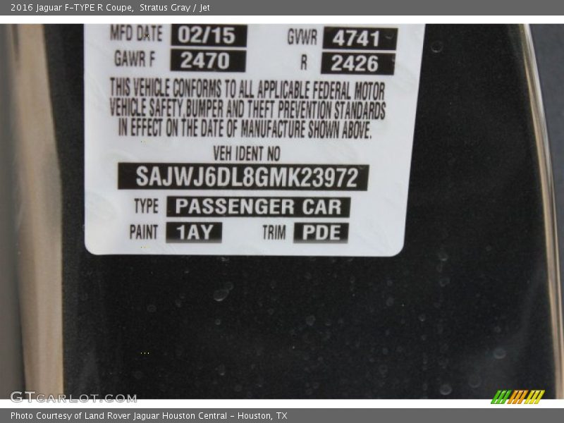 2016 F-TYPE R Coupe Stratus Gray Color Code 1AY