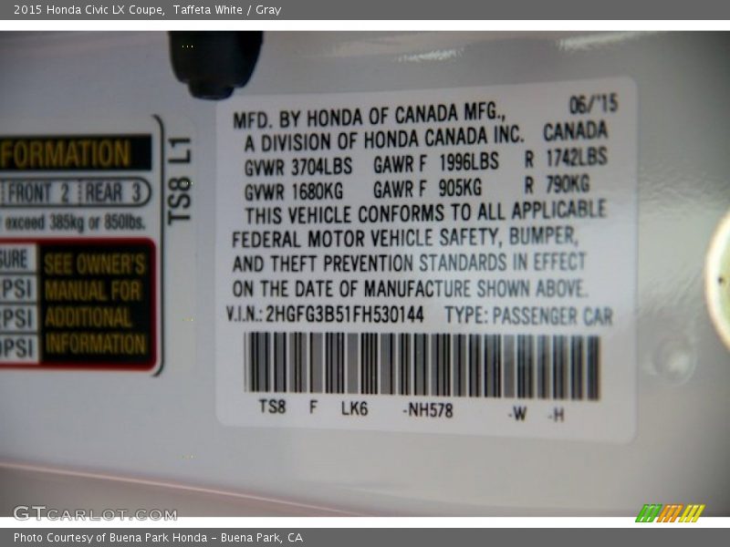 Taffeta White / Gray 2015 Honda Civic LX Coupe