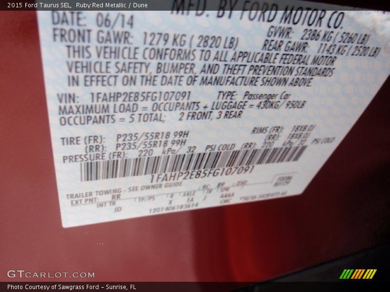 Ruby Red Metallic / Dune 2015 Ford Taurus SEL