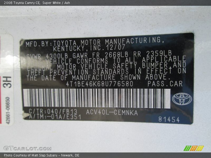 Super White / Ash 2008 Toyota Camry CE