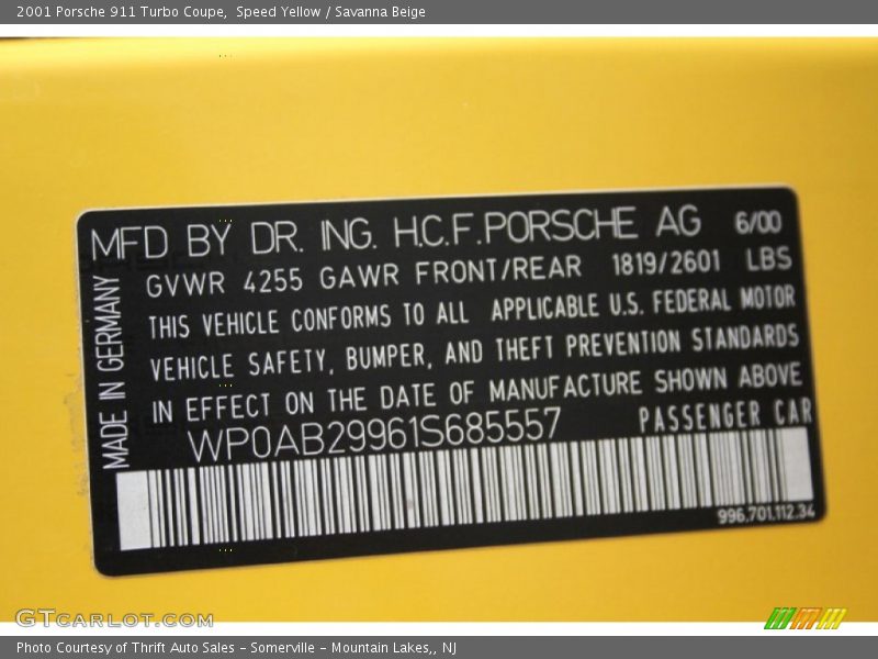 Speed Yellow / Savanna Beige 2001 Porsche 911 Turbo Coupe