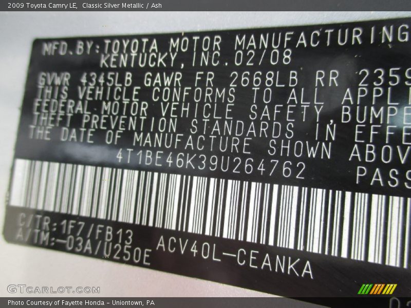 Classic Silver Metallic / Ash 2009 Toyota Camry LE