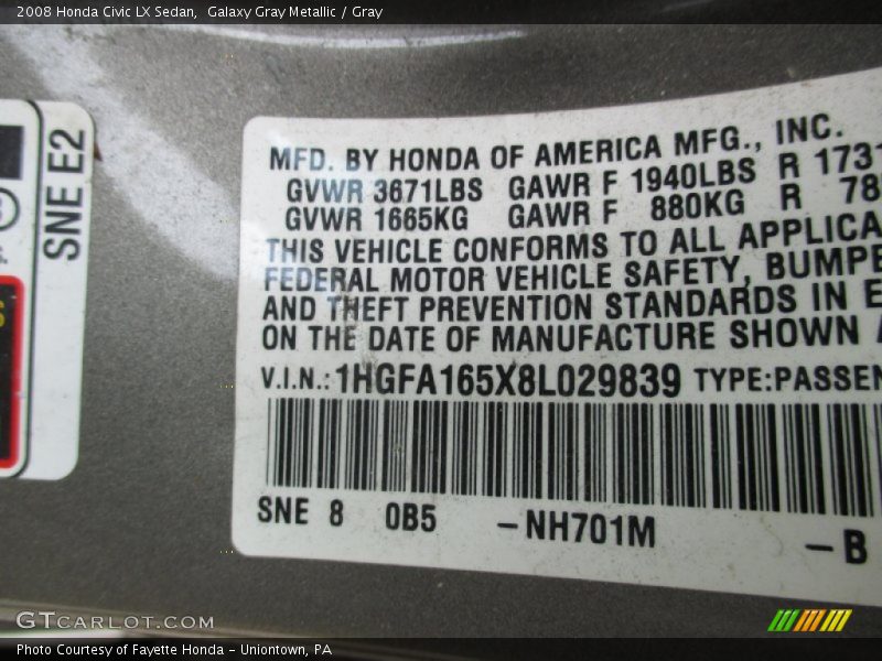 Galaxy Gray Metallic / Gray 2008 Honda Civic LX Sedan