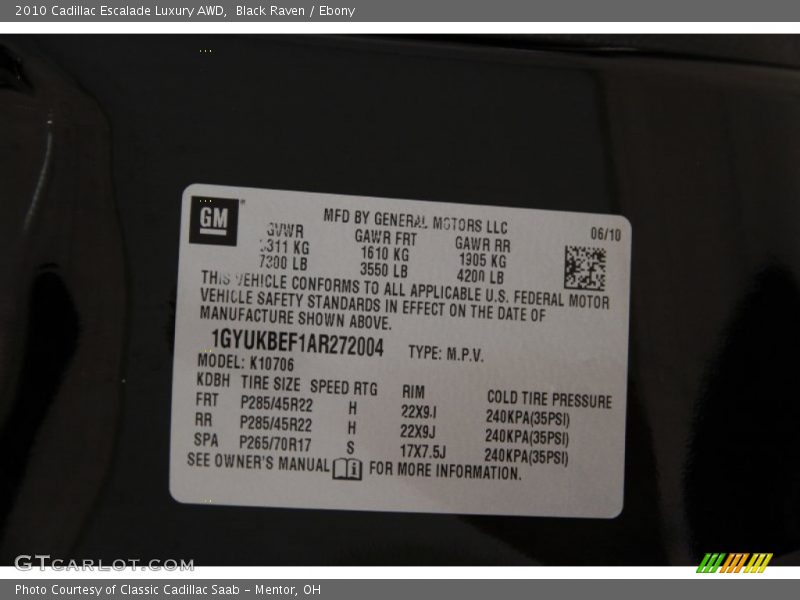 Black Raven / Ebony 2010 Cadillac Escalade Luxury AWD