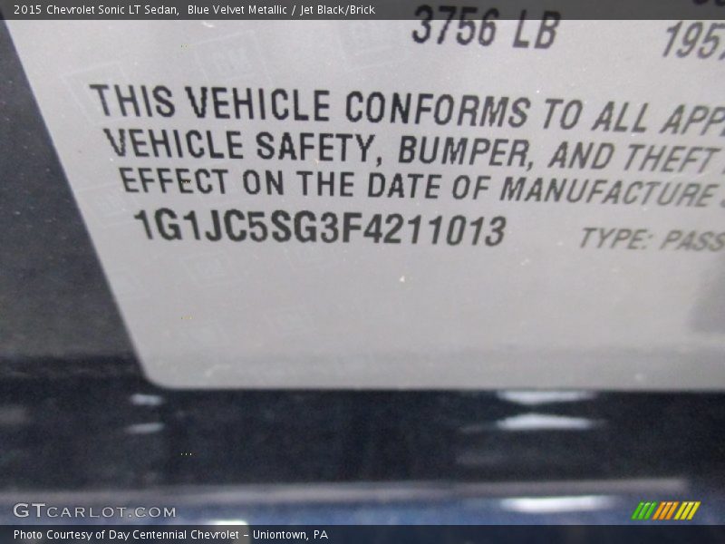 Blue Velvet Metallic / Jet Black/Brick 2015 Chevrolet Sonic LT Sedan
