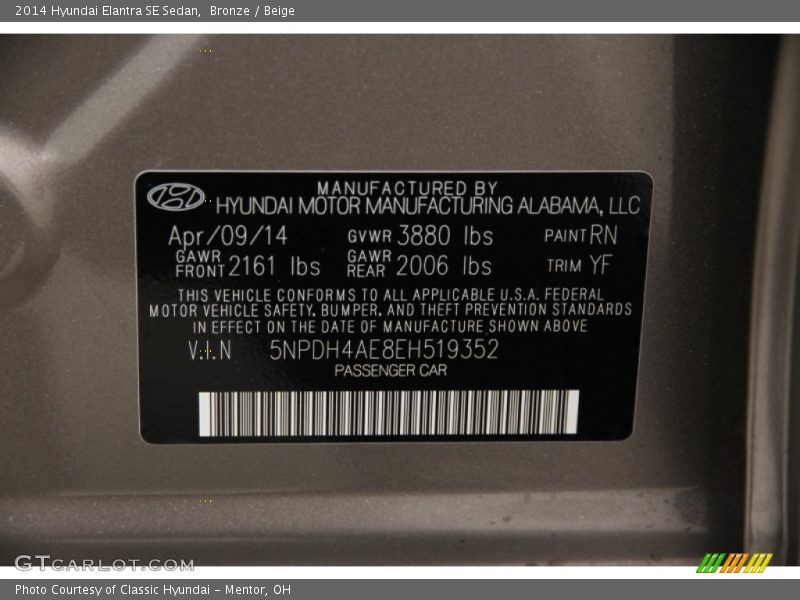 Bronze / Beige 2014 Hyundai Elantra SE Sedan