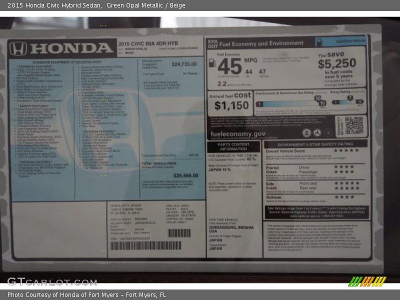 Green Opal Metallic / Beige 2015 Honda Civic Hybrid Sedan