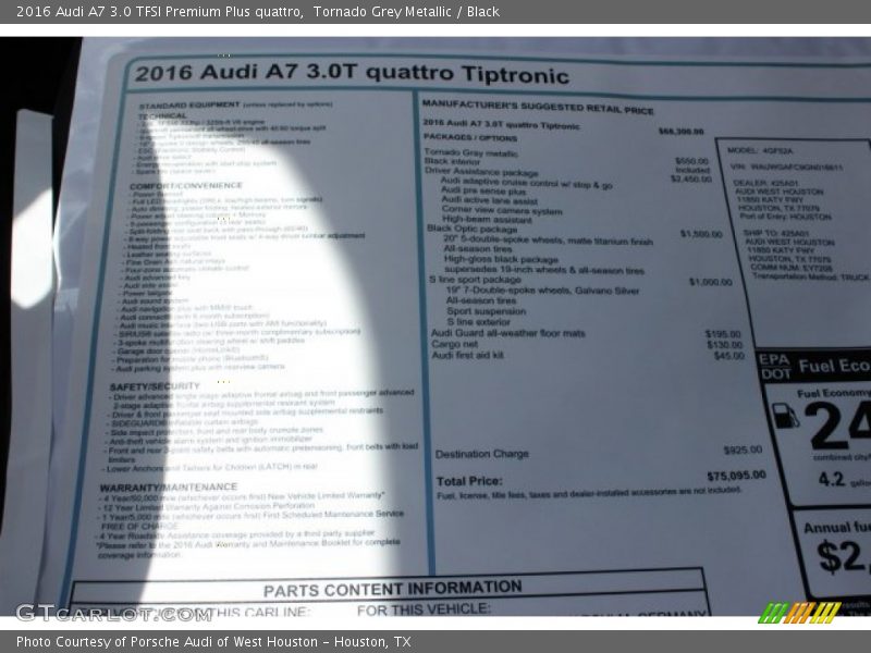 Tornado Grey Metallic / Black 2016 Audi A7 3.0 TFSI Premium Plus quattro