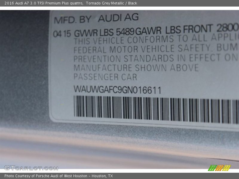 Tornado Grey Metallic / Black 2016 Audi A7 3.0 TFSI Premium Plus quattro