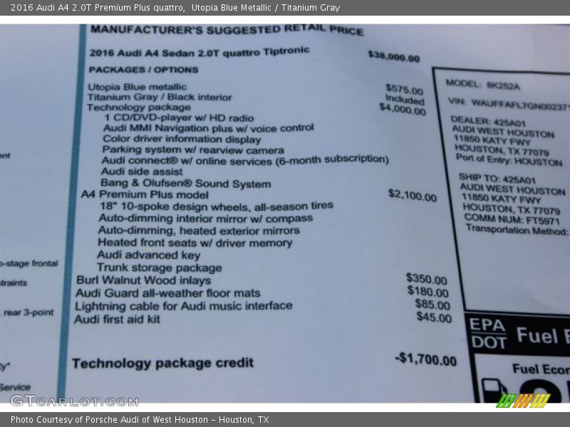  2016 A4 2.0T Premium Plus quattro Window Sticker