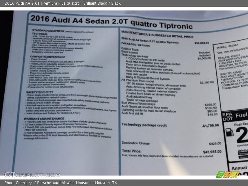Brilliant Black / Black 2016 Audi A4 2.0T Premium Plus quattro