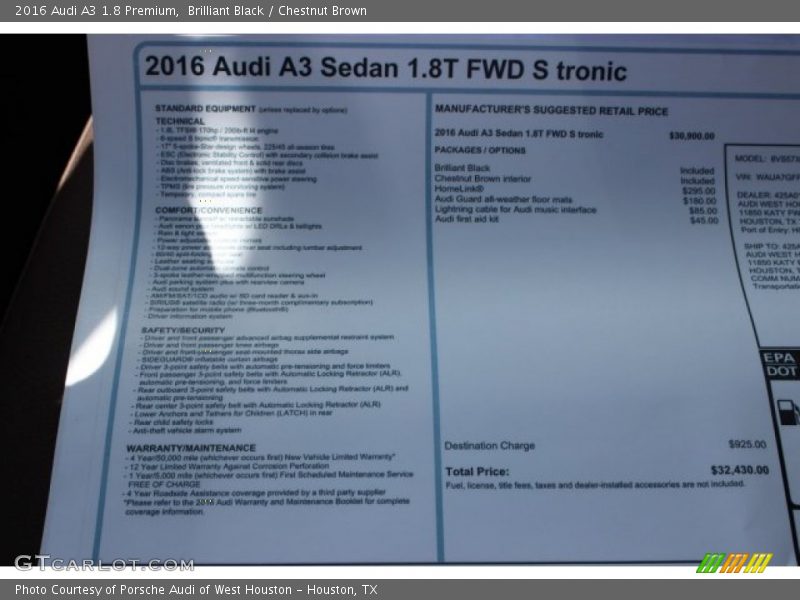 Brilliant Black / Chestnut Brown 2016 Audi A3 1.8 Premium