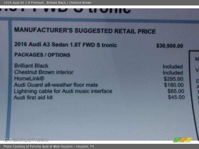 Brilliant Black / Chestnut Brown 2016 Audi A3 1.8 Premium