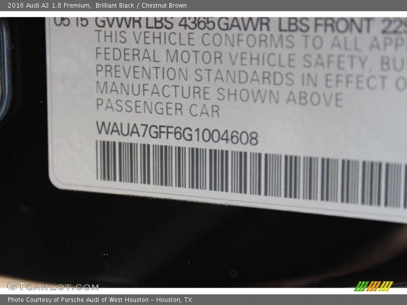 Brilliant Black / Chestnut Brown 2016 Audi A3 1.8 Premium