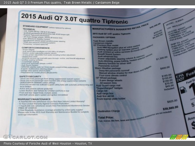 Teak Brown Metallic / Cardamom Beige 2015 Audi Q7 3.0 Premium Plus quattro