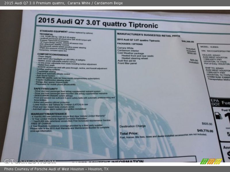 Cararra White / Cardamom Beige 2015 Audi Q7 3.0 Premium quattro