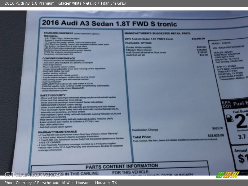  2016 A3 1.8 Premium Window Sticker