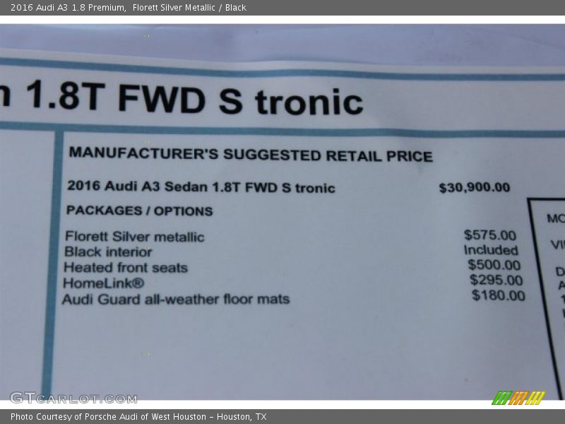  2016 A3 1.8 Premium Window Sticker