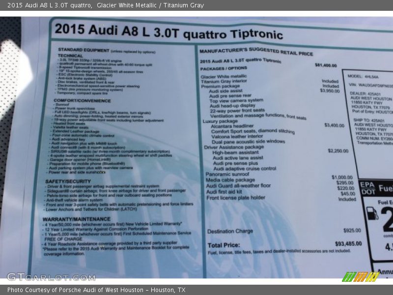 Glacier White Metallic / Titanium Gray 2015 Audi A8 L 3.0T quattro