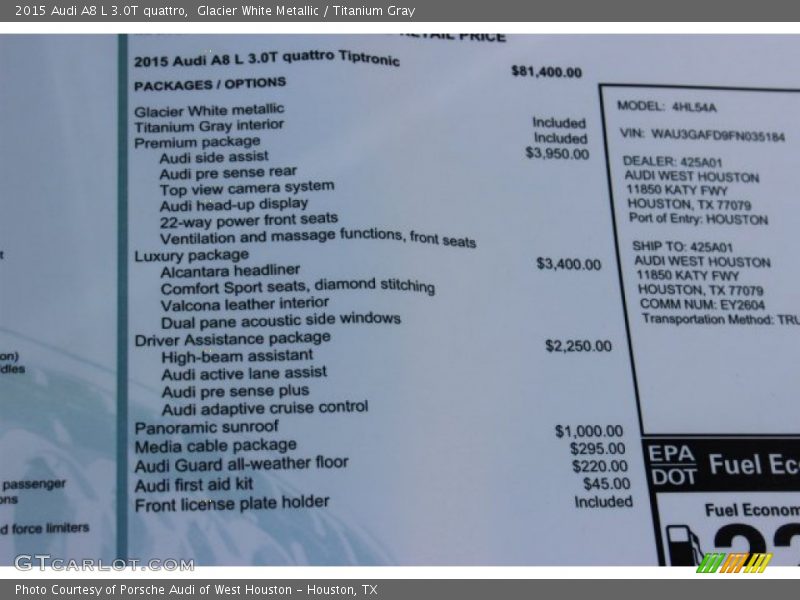 Glacier White Metallic / Titanium Gray 2015 Audi A8 L 3.0T quattro