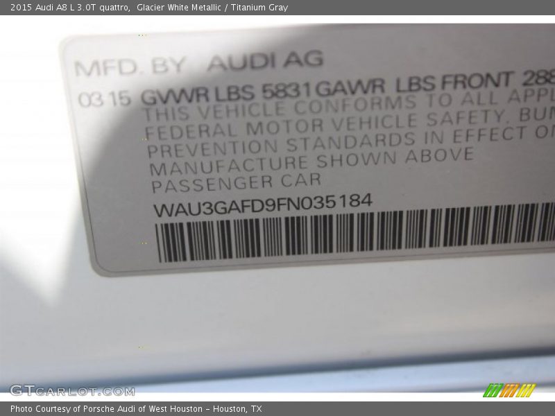 Glacier White Metallic / Titanium Gray 2015 Audi A8 L 3.0T quattro