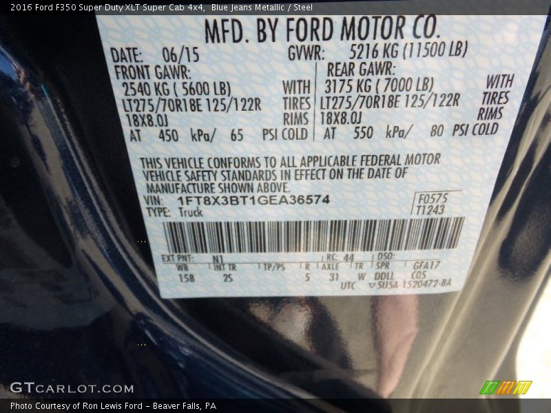 2016 F350 Super Duty XLT Super Cab 4x4 Blue Jeans Metallic Color Code N1