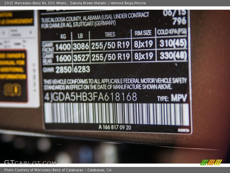 2015 ML 350 4Matic Dakota Brown Metallic Color Code 796