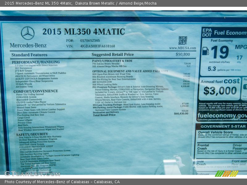  2015 ML 350 4Matic Window Sticker