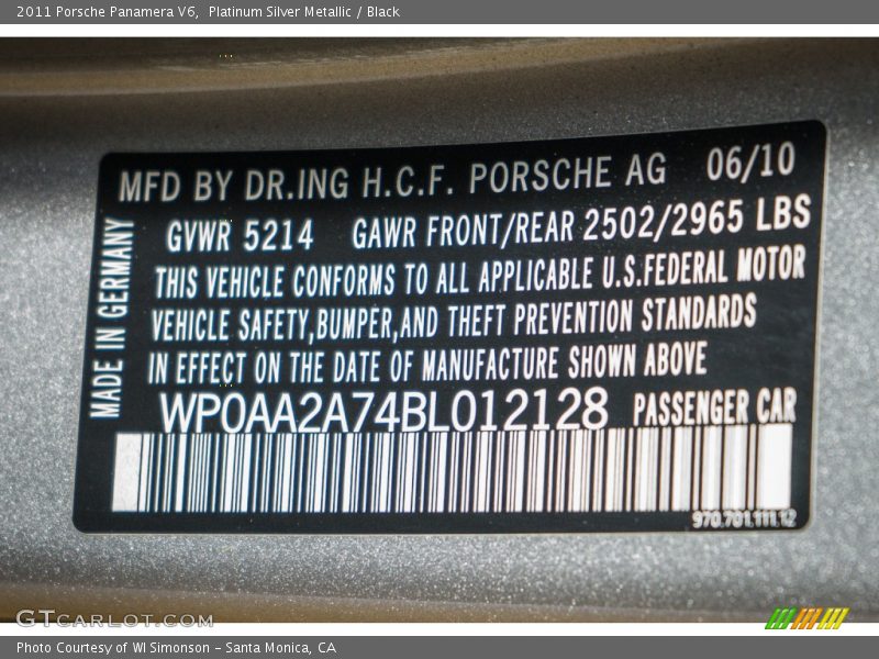 Platinum Silver Metallic / Black 2011 Porsche Panamera V6